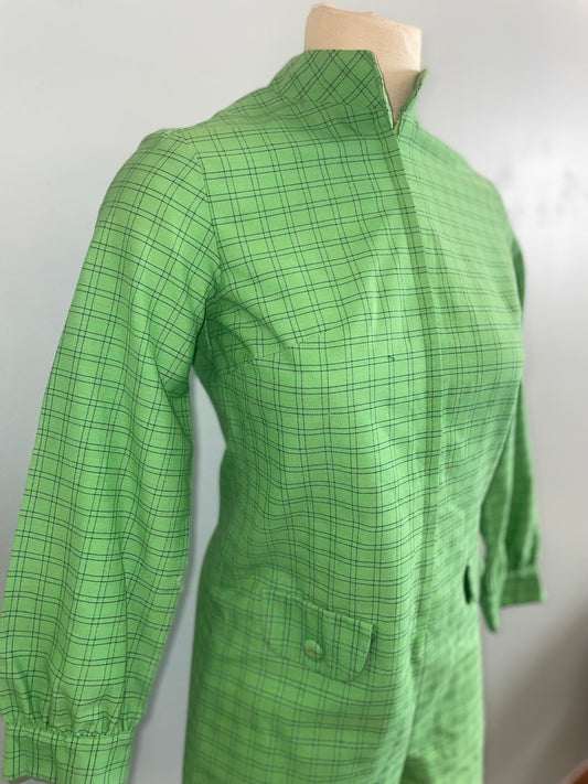 Vtg 60s GREEN PLAID ROMPER // vintage bright sage green long sleeve jumpsuit hot pants mod mini autumn winter stylish women small cute retro