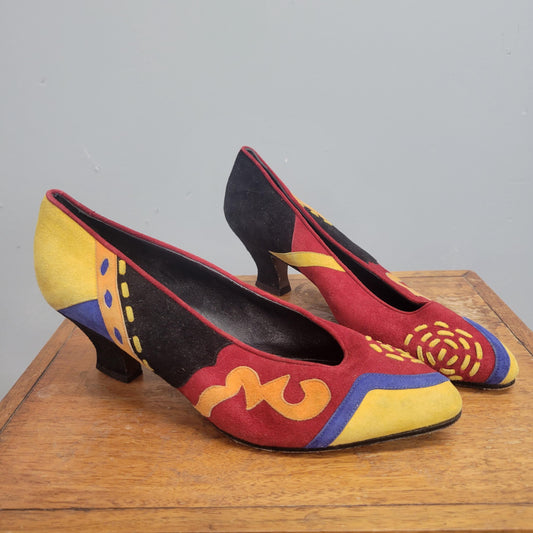 vtg 70s PATTERNED SUEDE HEELS // vintage funky abstract chunky kitten heels patchwork leather embroidered pumps new wave multicolored fall