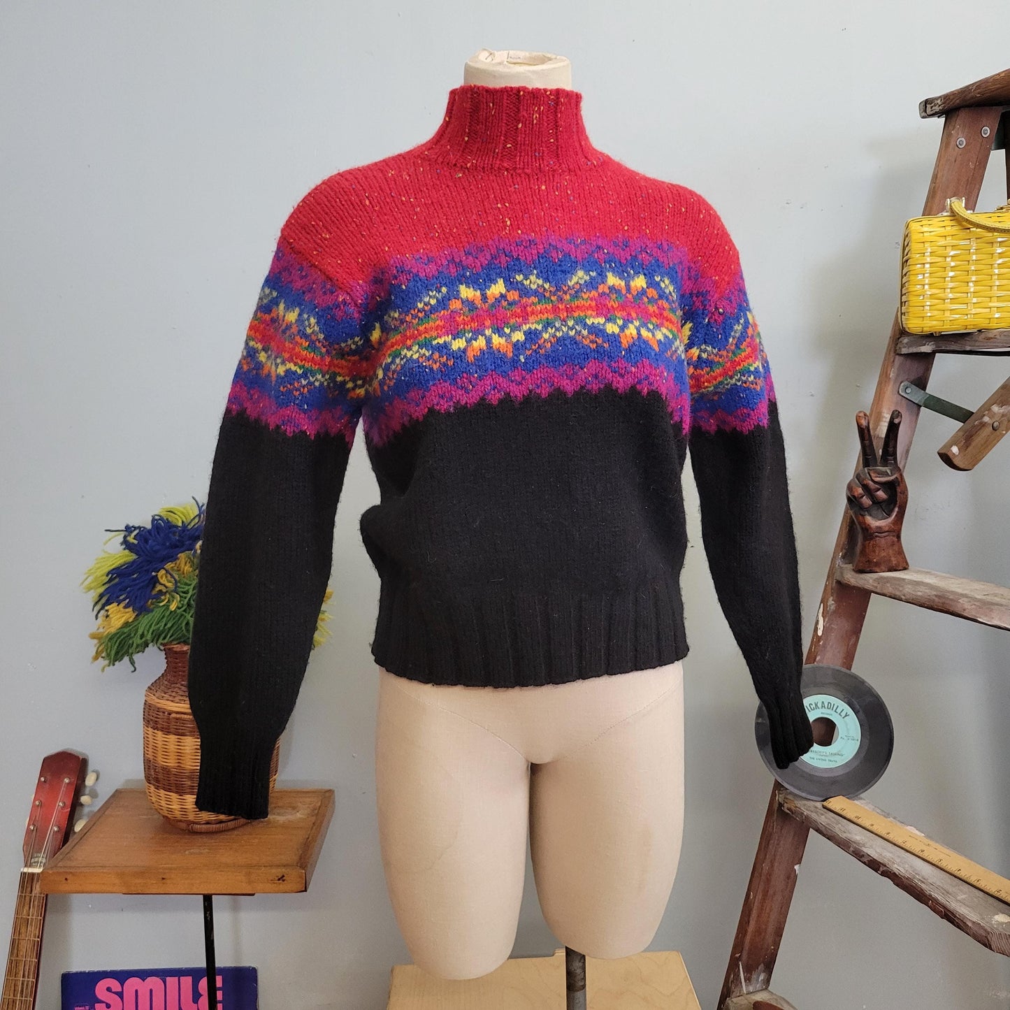 vtg 90s FUNKY PATTERN SWEATER // vintage express tricot medium abstract fuzzy wool intarsia Y2K boxy knit psychedelic snowflake Scandinavian