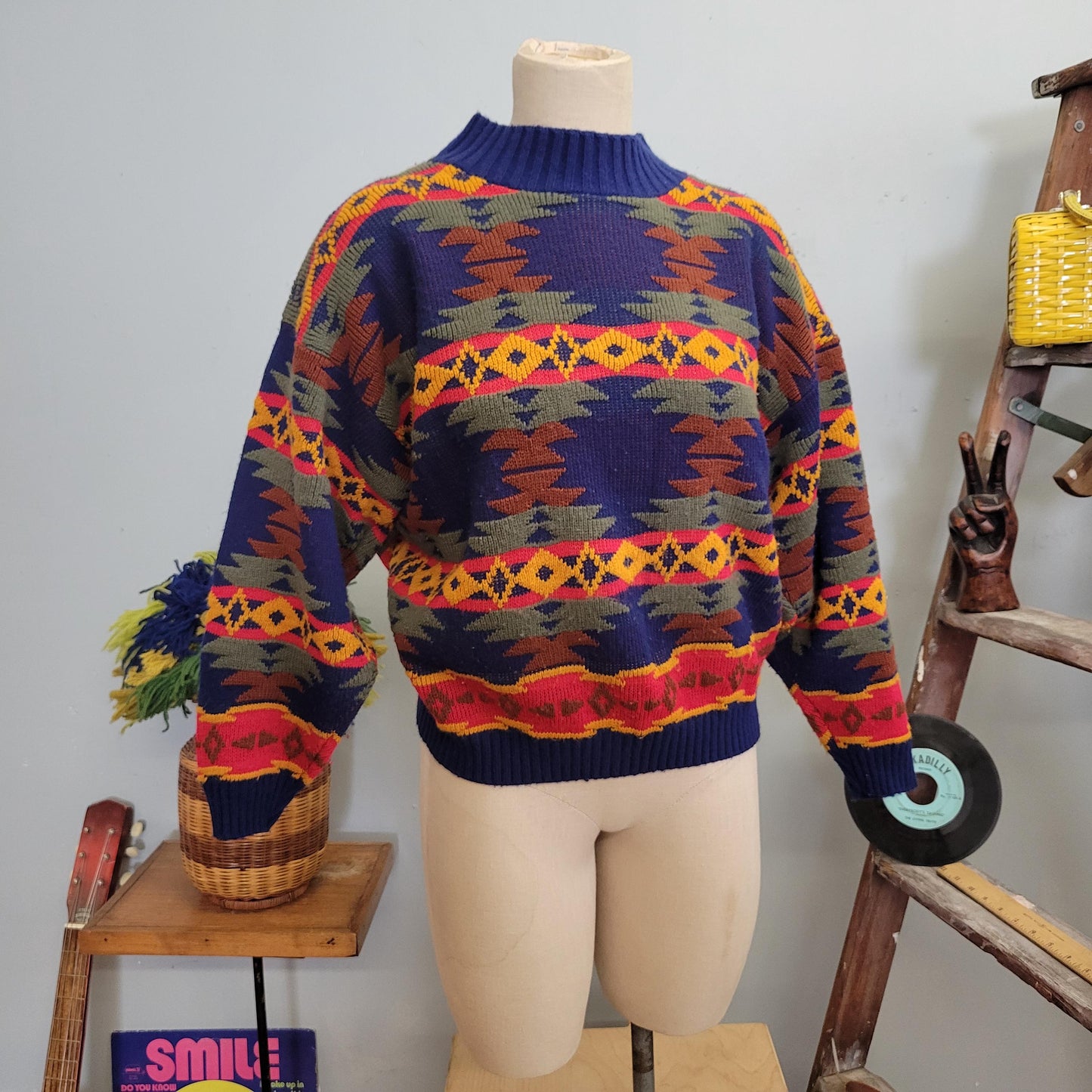 vtg 80s GEOMETRIC PATTERN SWEATER // vintage jj browne usa medium warm tones Aztec print southwestern neon abstract loud comfy slouchy style