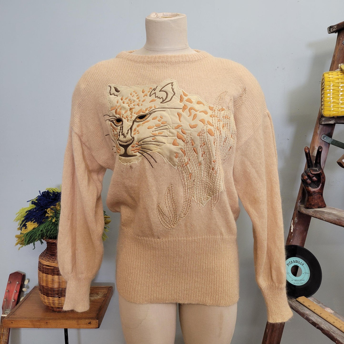 vtg 70s ESCADA LEOPARD SWEATER // vintage neiman marcus large gold satin lynx embroidered cat applique fancy high fashion name brand 80s fab