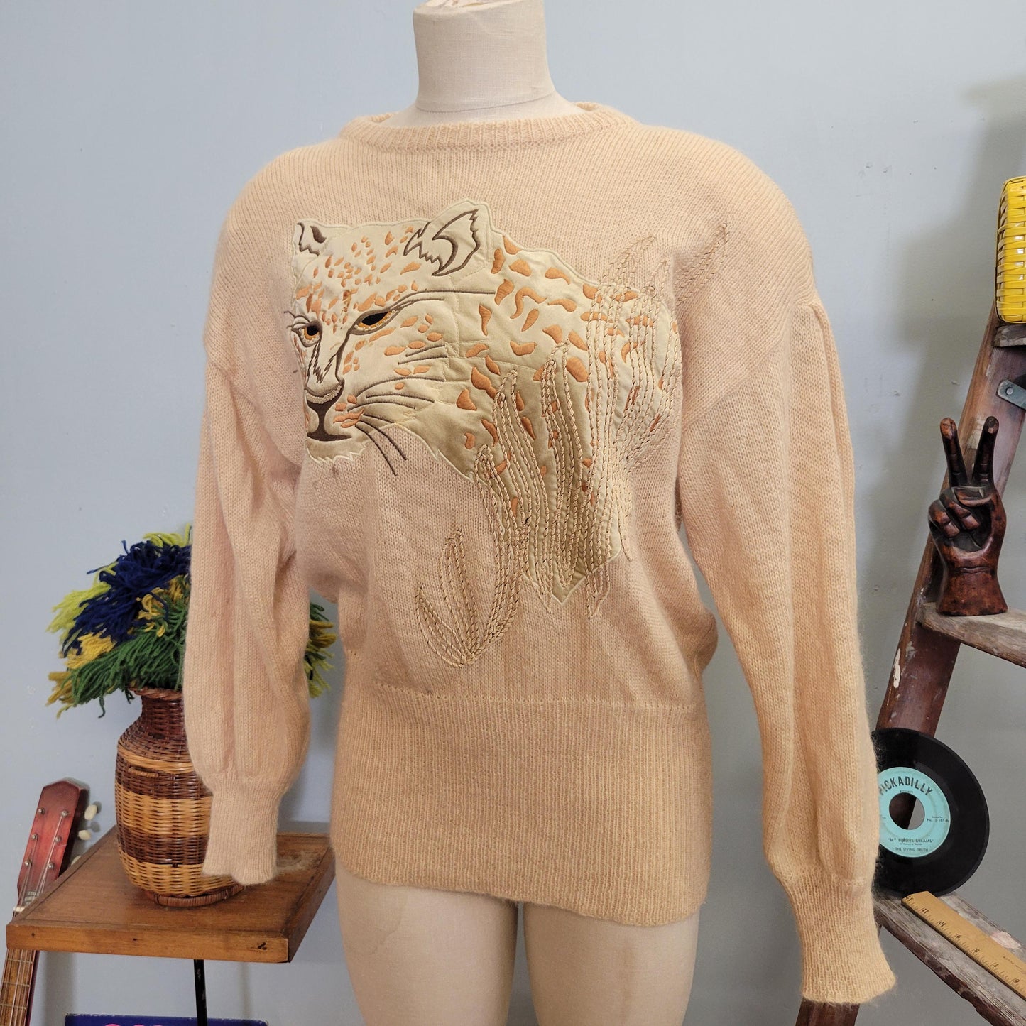 vtg 70s ESCADA LEOPARD SWEATER // vintage neiman marcus large gold satin lynx embroidered cat applique fancy high fashion name brand 80s fab
