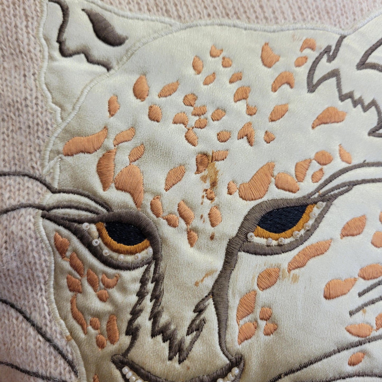 vtg 70s ESCADA LEOPARD SWEATER // vintage neiman marcus large gold satin lynx embroidered cat applique fancy high fashion name brand 80s fab