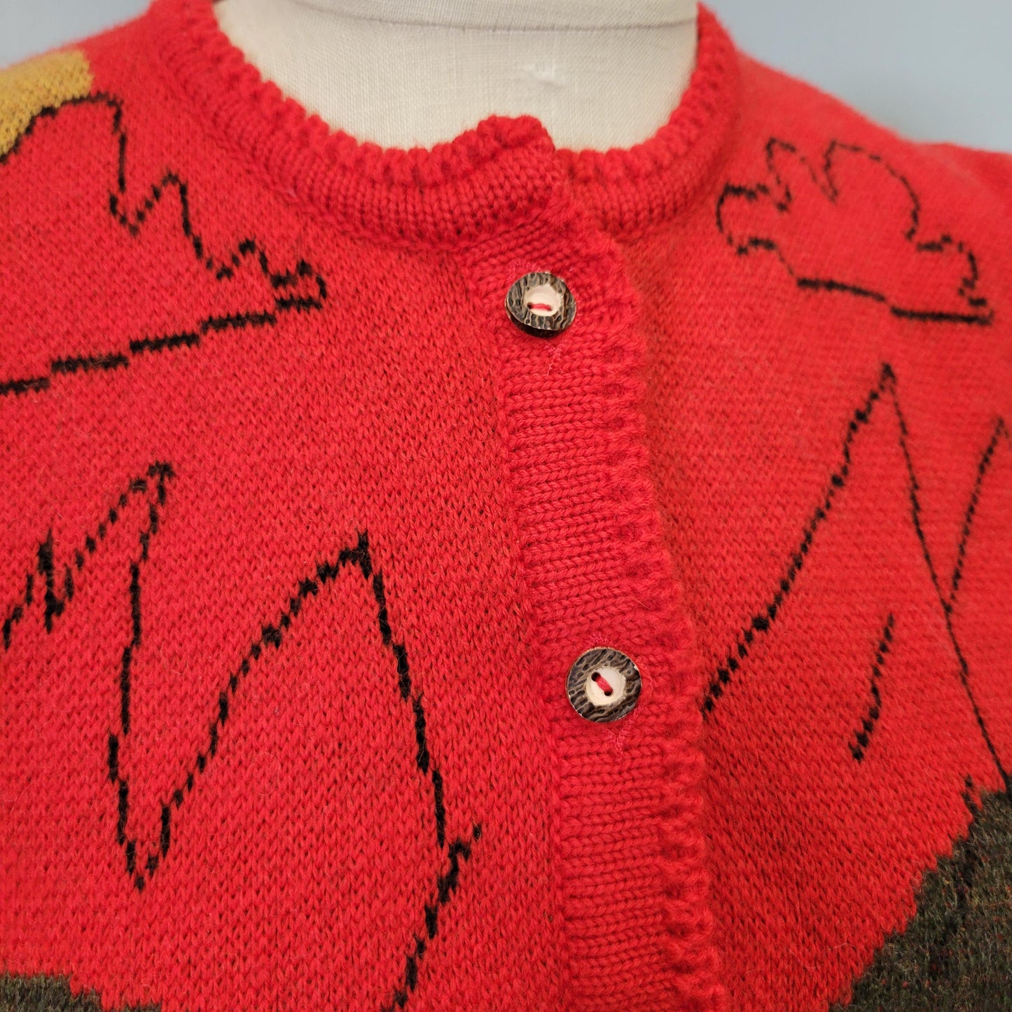 vtg 80s PUFF SLEEVE CARDIGAN // vintage pictorial small red mountain trees houses folk art landscape scene patterned knit autumn sweater