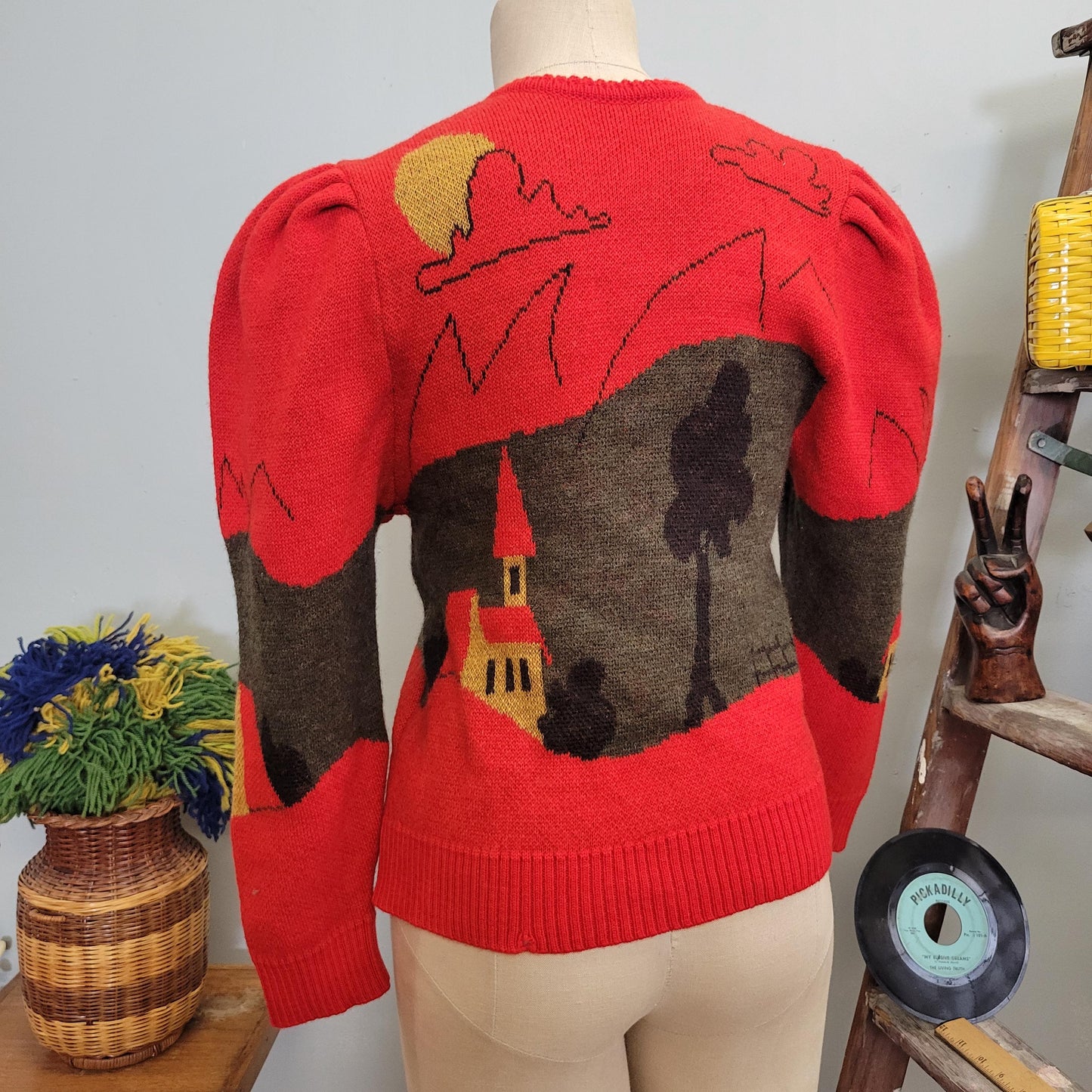 vtg 80s PUFF SLEEVE CARDIGAN // vintage pictorial small red mountain trees houses folk art landscape scene patterned knit autumn sweater