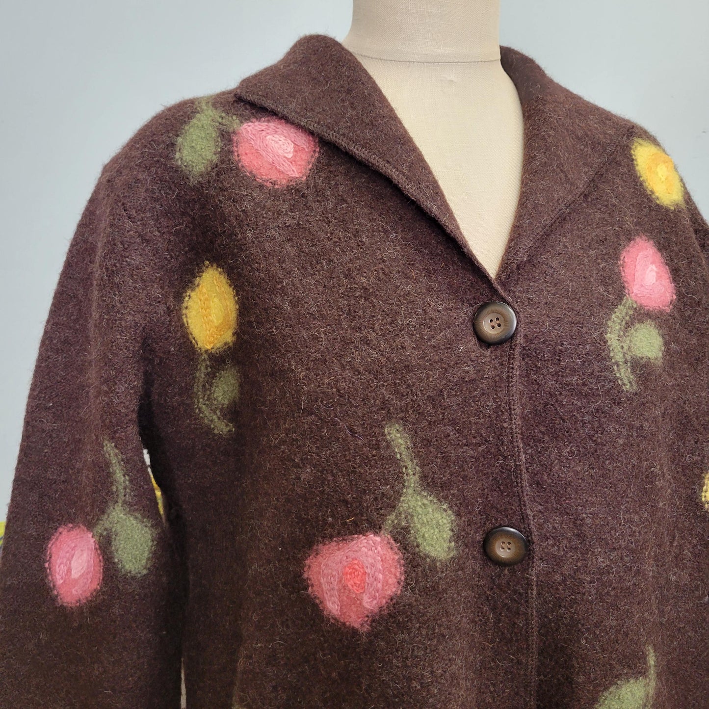 vtg 90s FLORAL MOHAIR CARDIGAN // xl vintage  carroll reed button up sweater jacket tulip patterned knit wool fuzzy shaggy happy cute print