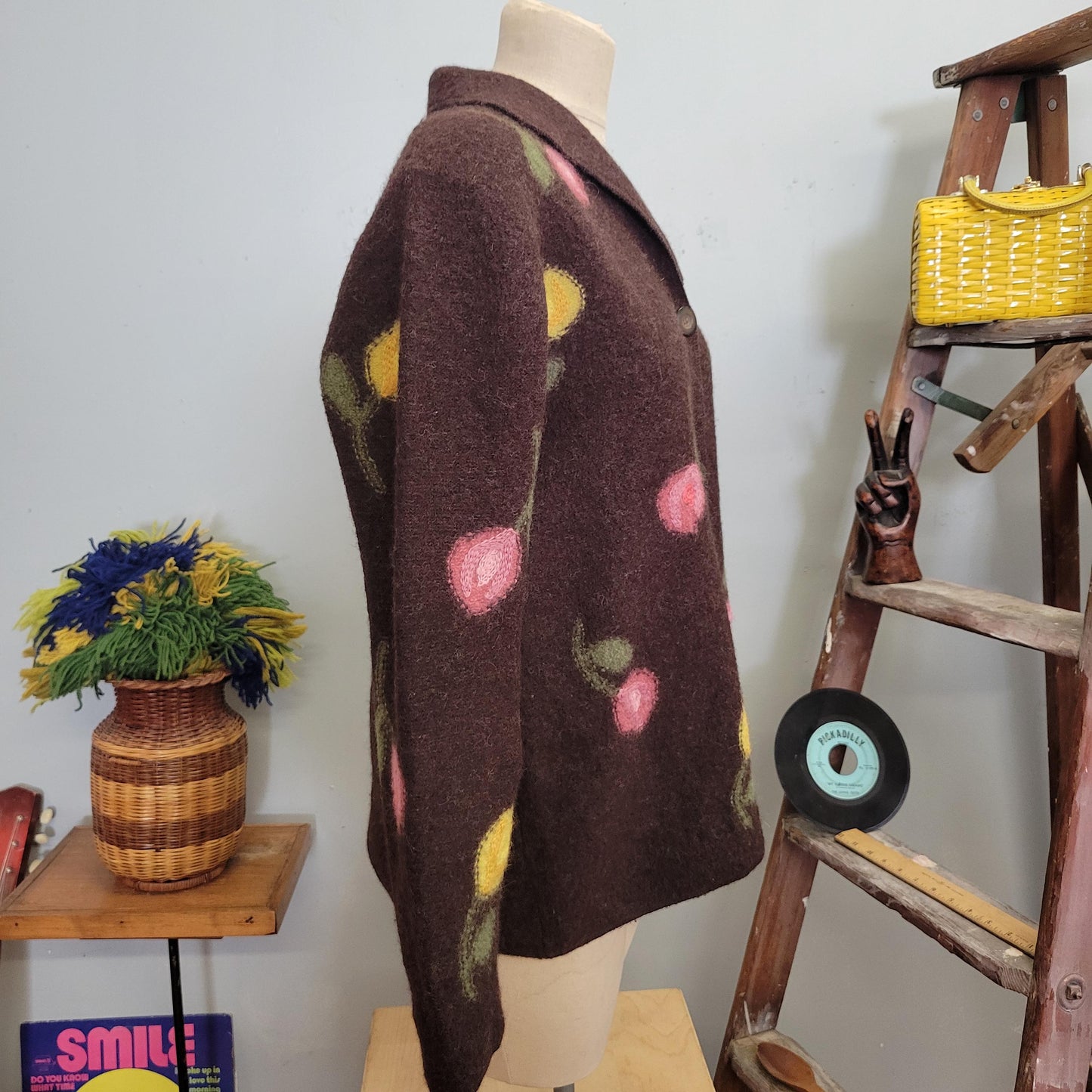 vtg 90s FLORAL MOHAIR CARDIGAN // xl vintage  carroll reed button up sweater jacket tulip patterned knit wool fuzzy shaggy happy cute print