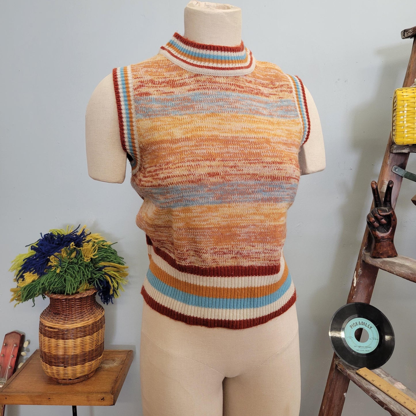 vtg 70s SPACE SYE SWEATER Vest // vintage kenny classics size 16 space dye striped cropped fitted hippie mod retro autum style layering top