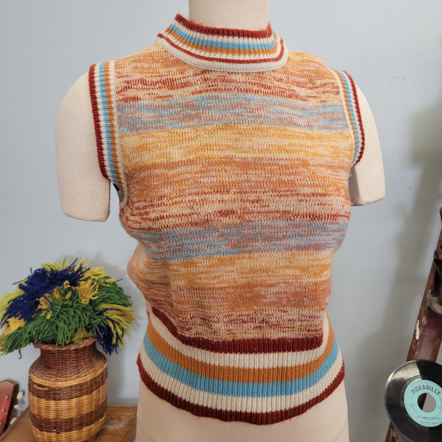 vtg 70s SPACE SYE SWEATER Vest // vintage kenny classics size 16 space dye striped cropped fitted hippie mod retro autum style layering top