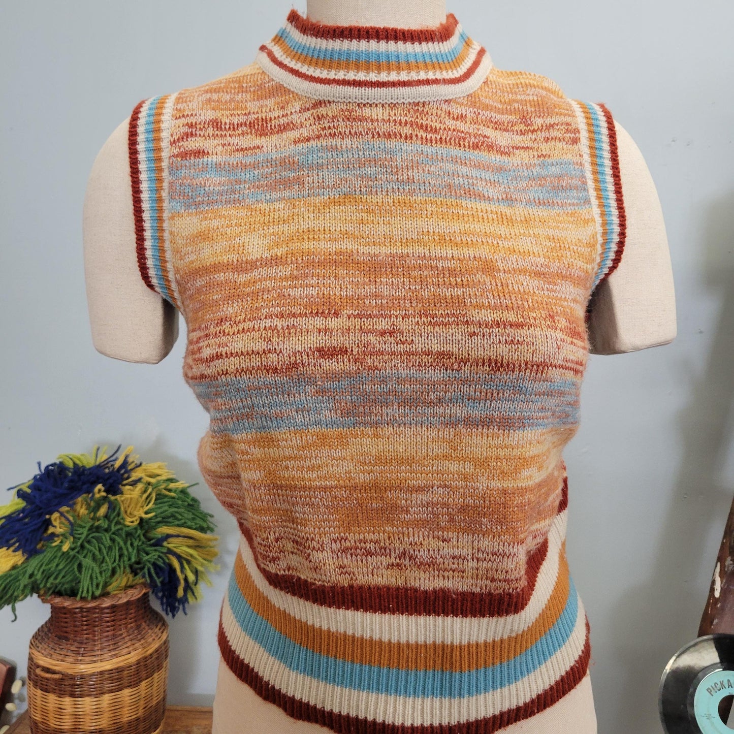 vtg 70s SPACE SYE SWEATER Vest // vintage kenny classics size 16 space dye striped cropped fitted hippie mod retro autum style layering top