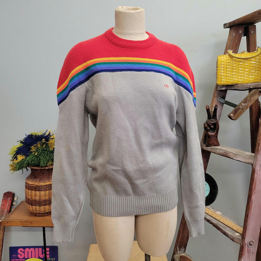 vtg 80s OP RAINBOW SWEATER // vintage ocean pacific medium knit striped primary colors gray autumn colors retro crewneck casual hippie mod
