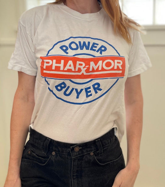 vtg 80s POWER BUYER PHARMACY Shirt // vintage circle logo retro water print screen print mom & pop bodega soda fountain funny ironic hipster