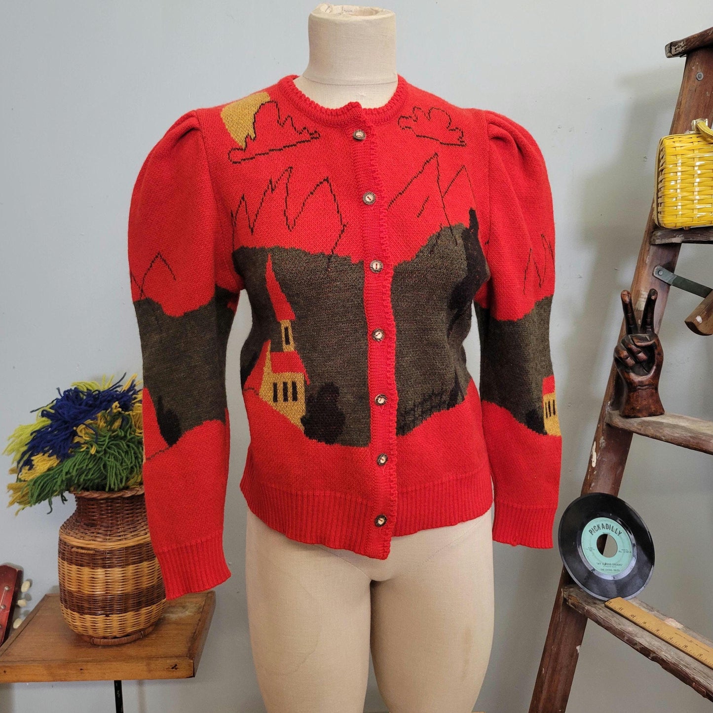vtg 80s PUFF SLEEVE CARDIGAN // vintage pictorial small red mountain trees houses folk art landscape scene patterned knit autumn sweater
