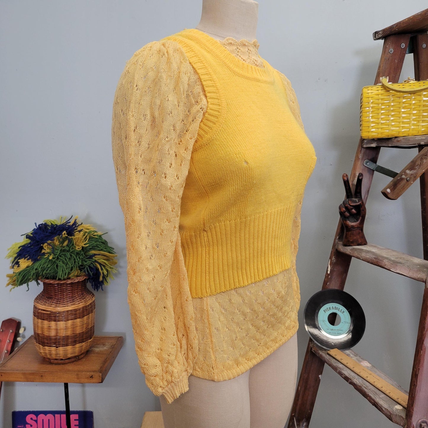 vtg 70s YELLOW SWEATER SET // vintage medium puffed sleeve sheer knit sweater & optional yellow sweater vest for layering pastel sunny fall