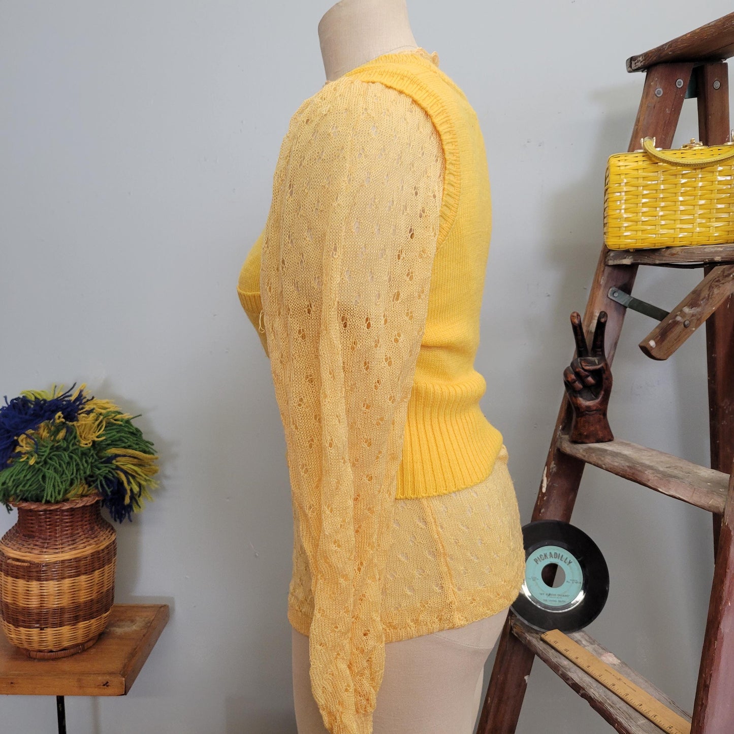 vtg 70s YELLOW SWEATER SET // vintage medium puffed sleeve sheer knit sweater & optional yellow sweater vest for layering pastel sunny fall