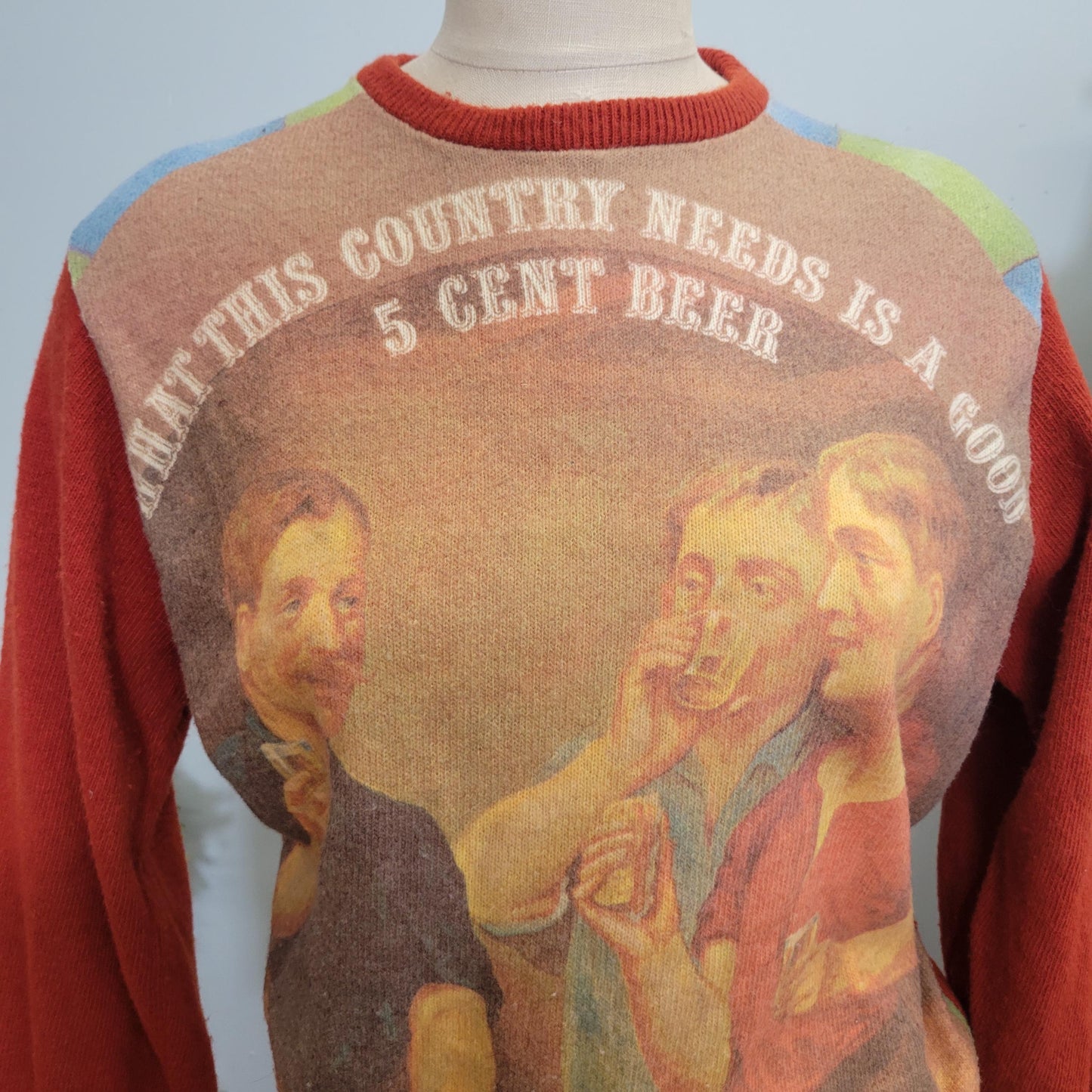 vtg 70s BAR SCENE SWEATER // vintage retro mcgregor medium pictorial "what this country needs is a good 5 cent beer" autumn hippie bartender