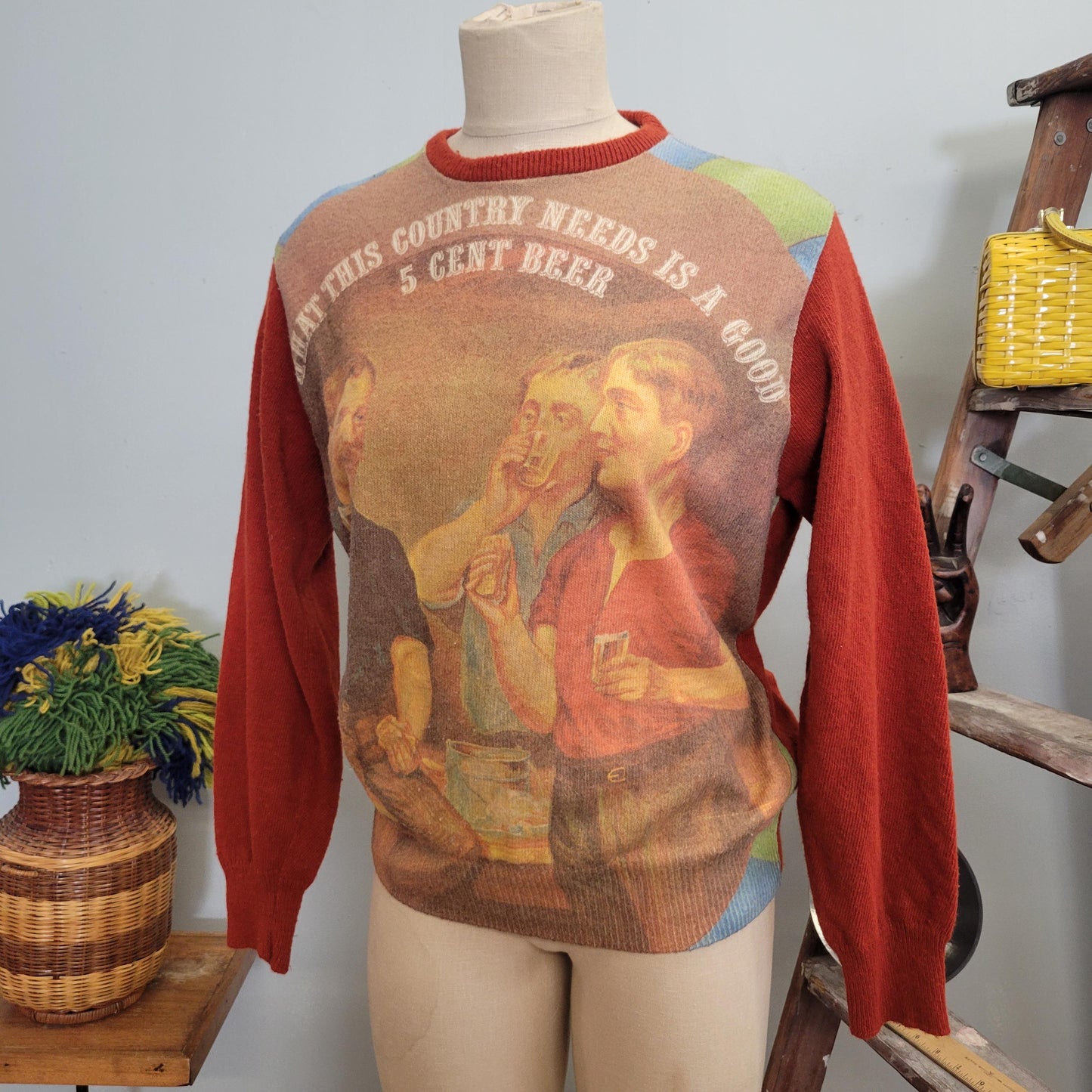 vtg 70s BAR SCENE SWEATER // vintage retro mcgregor medium pictorial "what this country needs is a good 5 cent beer" autumn hippie bartender