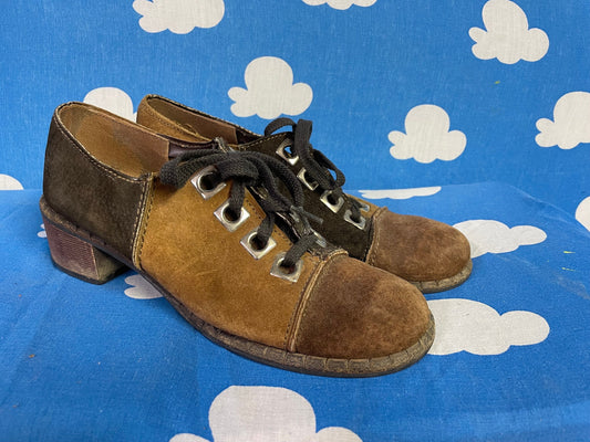 vtg 60s MOD PATCHWORK SHOES // vintage platform brown suede oxfords round toe chunky stacked leather retro earth tones twiggy style