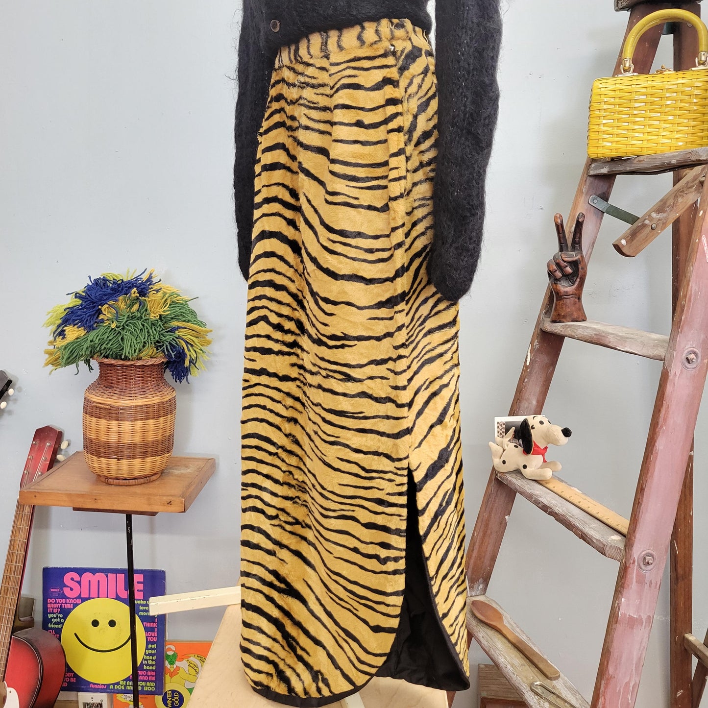 vtg 60s TIGER PRINT SKIRT // vintage Cole of California Fun Fashions animal print faux fur maxi skirt with leg slit 70s disco rocker style