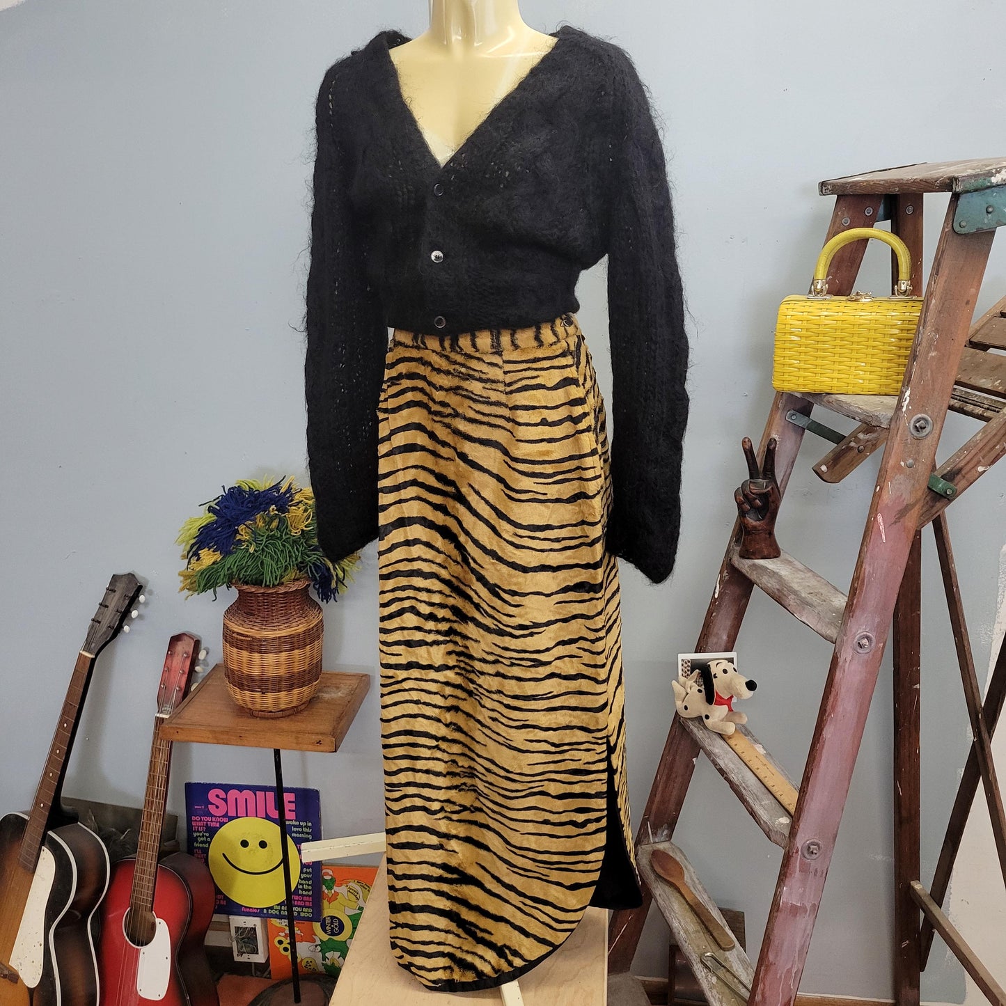 vtg 60s TIGER PRINT SKIRT // vintage Cole of California Fun Fashions animal print faux fur maxi skirt with leg slit 70s disco rocker style
