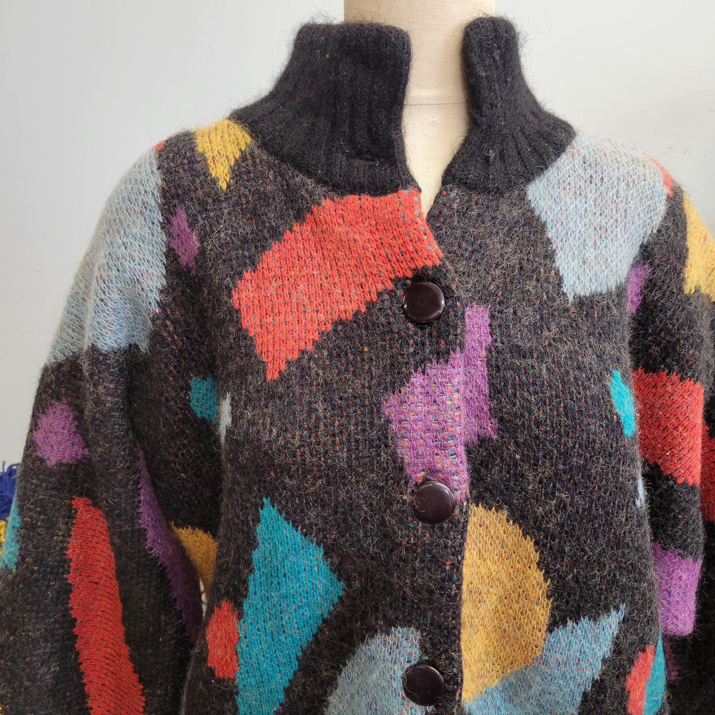 vtg 80s FUNKY ABSTRACT CARDIGAN // vintage sweater jb diffusion large oversized button up sweater jacket turtleneck slouchy geometric fuzzy