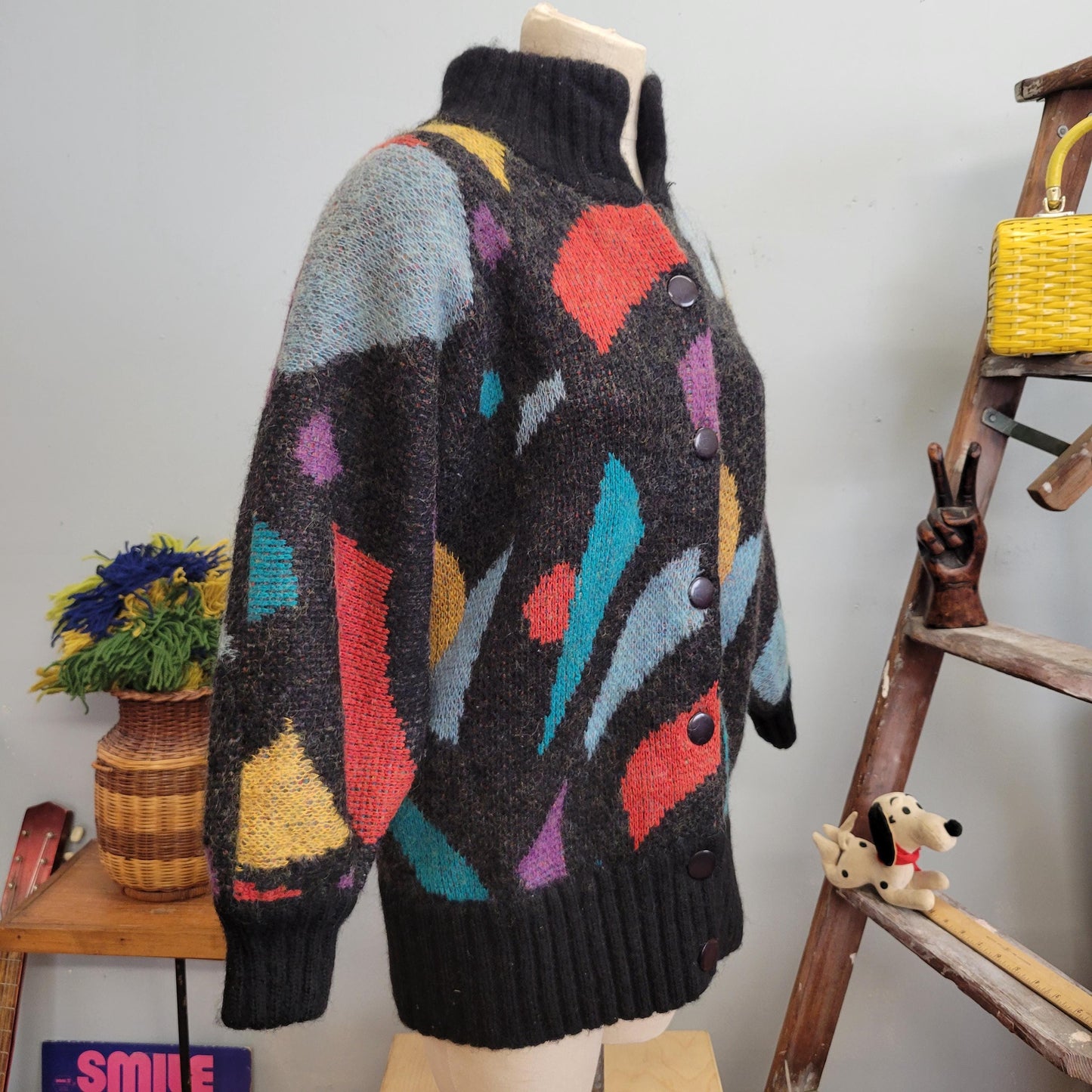 vtg 80s FUNKY ABSTRACT CARDIGAN // vintage sweater jb diffusion large oversized button up sweater jacket turtleneck slouchy geometric fuzzy