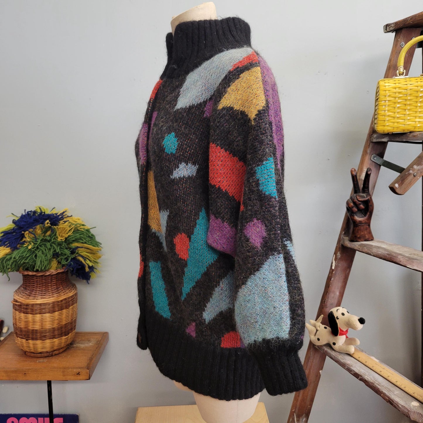 vtg 80s FUNKY ABSTRACT CARDIGAN // vintage sweater jb diffusion large oversized button up sweater jacket turtleneck slouchy geometric fuzzy