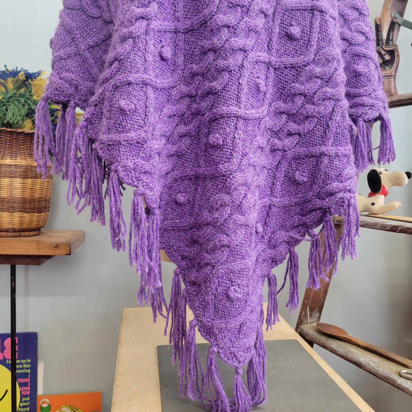 vtg 70s PURPLE KNIT PONCHO // vintage xl 3d textured fringe cape pastel flowy autumn halloween vibe hippie boho ethereal ren fest mini dress