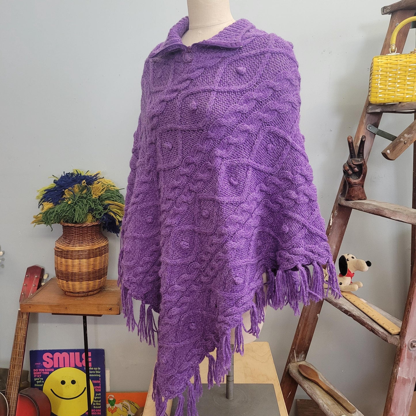 vtg 70s PURPLE KNIT PONCHO // vintage xl 3d textured fringe cape pastel flowy autumn halloween vibe hippie boho ethereal ren fest mini dress
