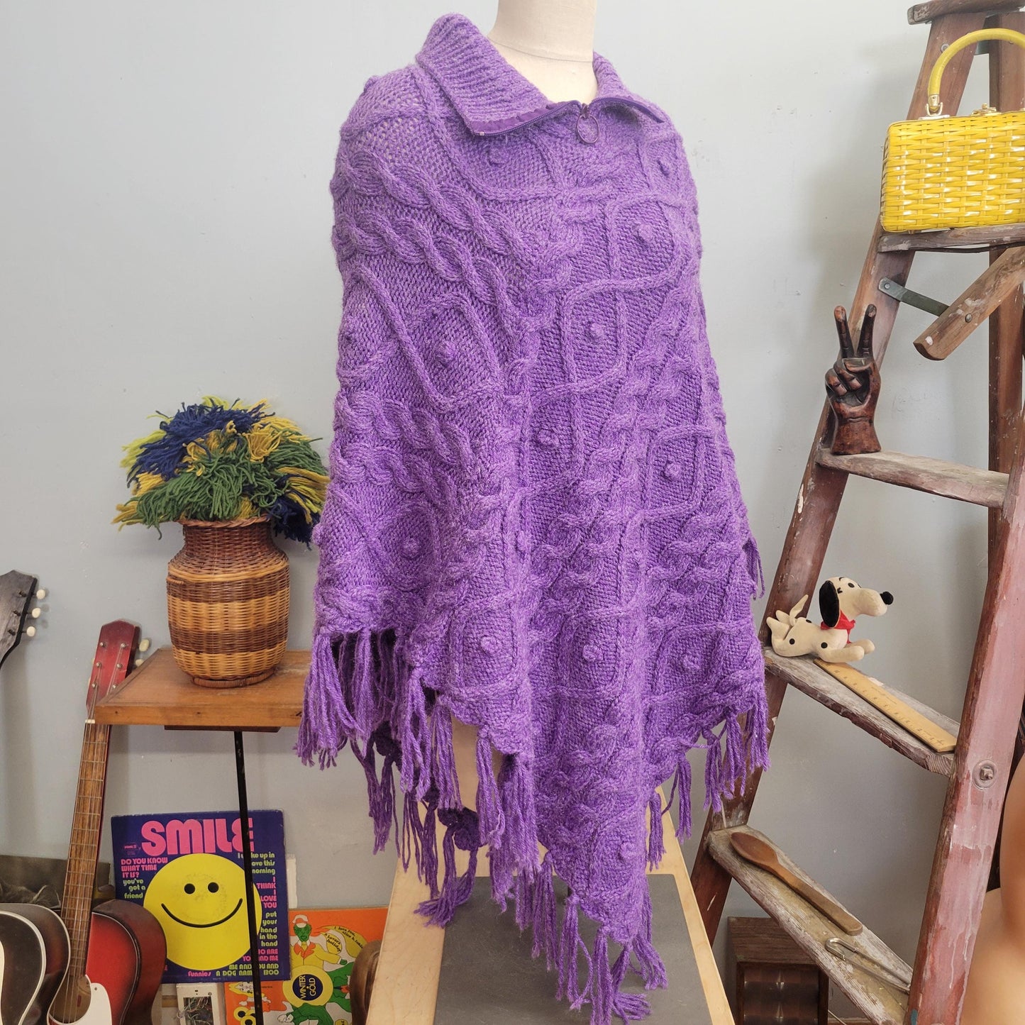 vtg 70s PURPLE KNIT PONCHO // vintage xl 3d textured fringe cape pastel flowy autumn halloween vibe hippie boho ethereal ren fest mini dress