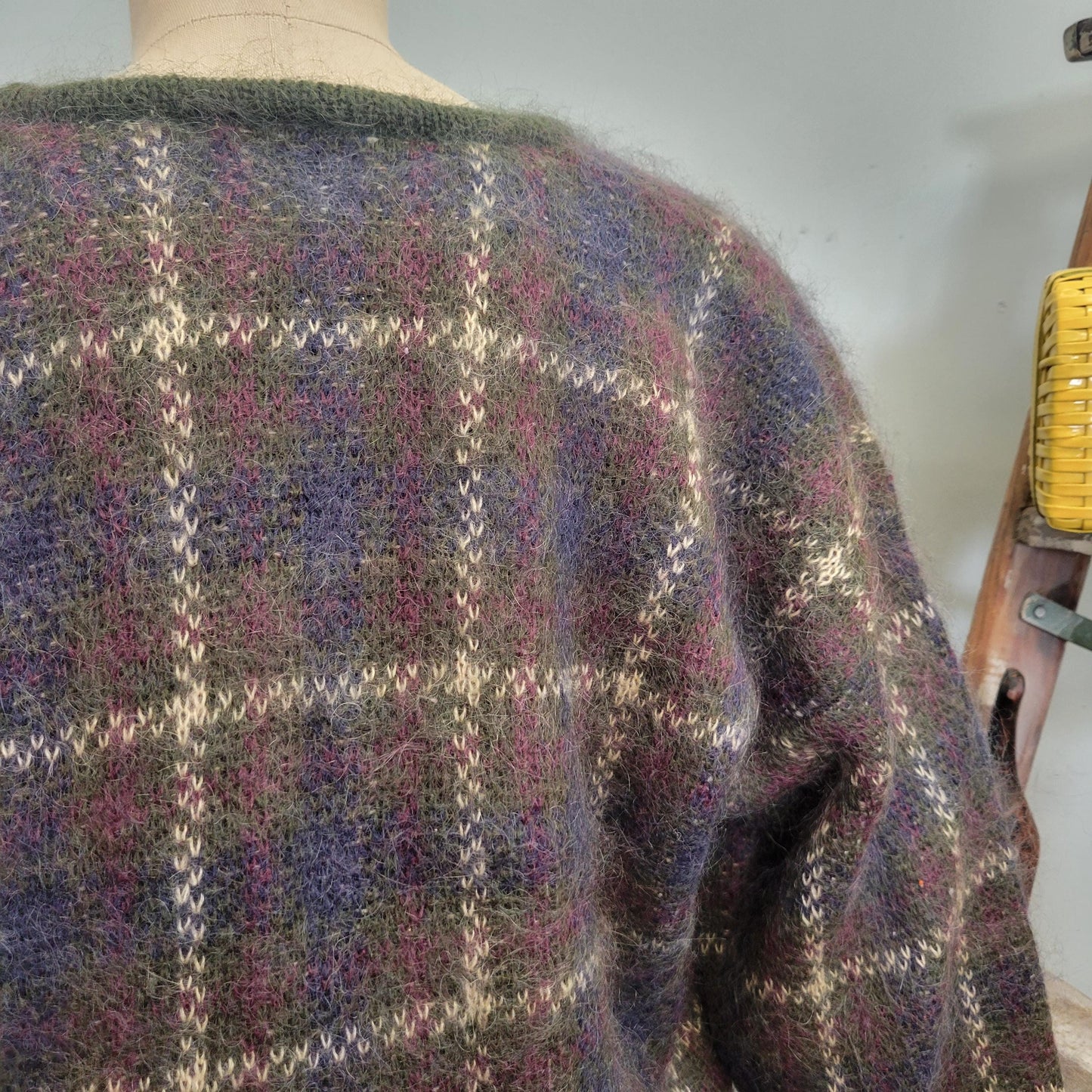vtg 90s PLAID MOHAIR CARDIGAN // vintage  purple striped medium v neck fuzzy preppy grunge slouchy oversized boxy neutral earth tones autumn