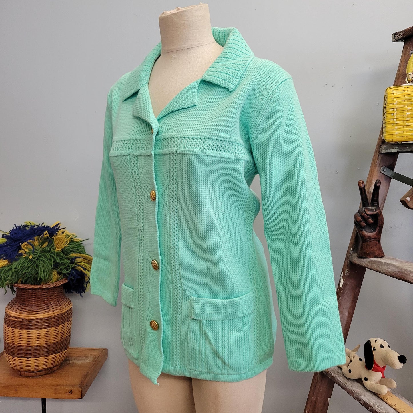 vtg 70s MONTGOMERY WARD SWEATER Jacket  // vintage medium seafoam green collared retro knit womens blazer pastel acrylic structured suit top