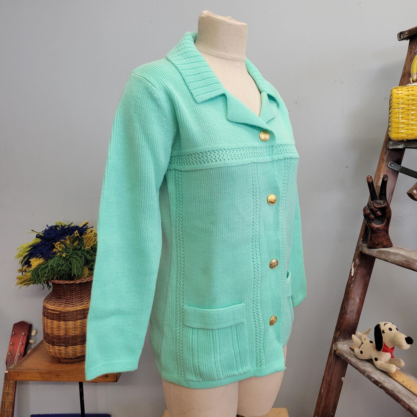 vtg 70s MONTGOMERY WARD SWEATER Jacket  // vintage medium seafoam green collared retro knit womens blazer pastel acrylic structured suit top