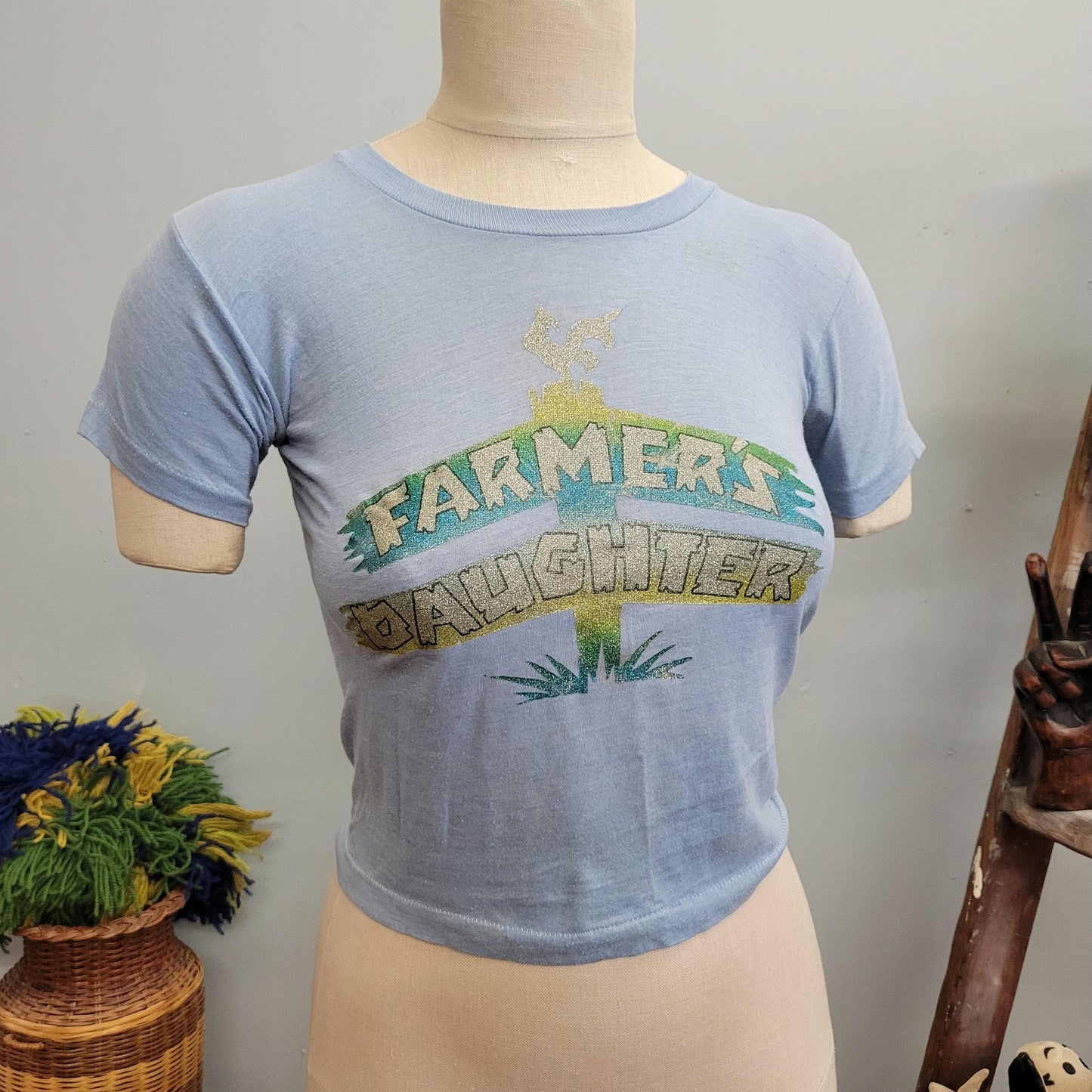 vtg 70s FARMERS DAUGHTER IRON On tshirt // vintage small baby tee crop top cowboy daddy's girl loretta lynn country girl retro paper thin