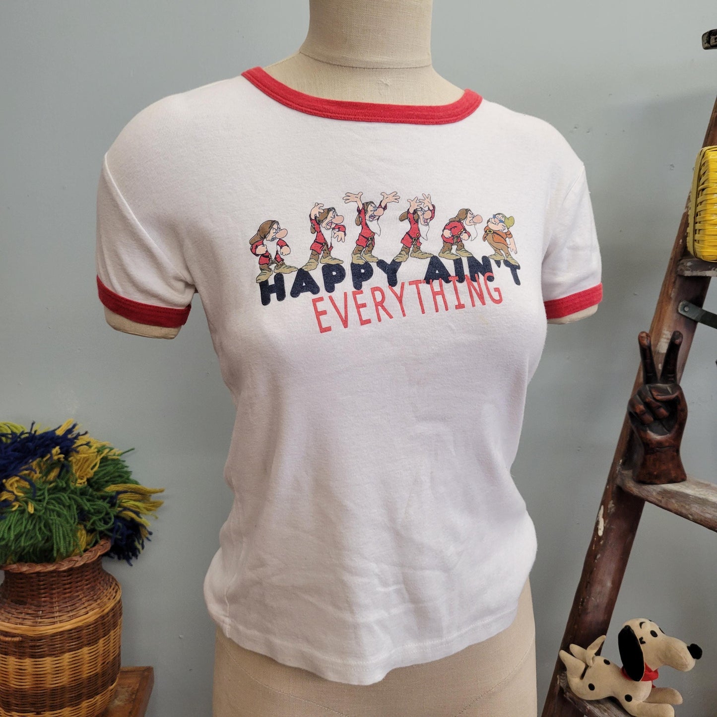 vtg 90s GRUMPY SNOW WHITE Shirt // vintage disney youth large baby tee 7 dwarves “happy ain’t everything” funny ringer tee Y2K french cut