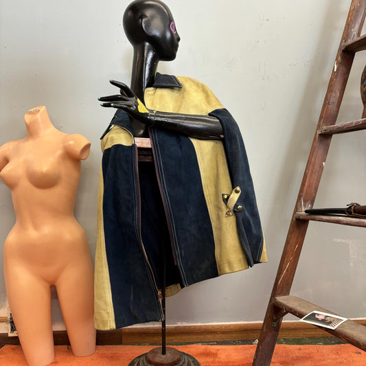vtg 70s YELLOW & BLUE SUEDE Cape // vintage retro pointy collar dyed leather poncho hippie bohemian sip up two tone color block mod jacket