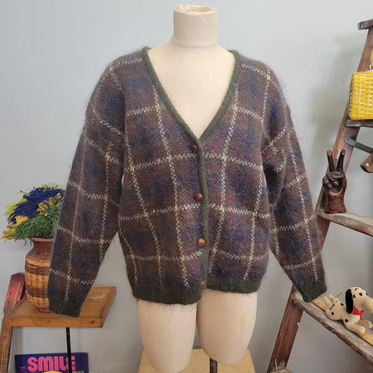 vtg 90s PLAID MOHAIR CARDIGAN // vintage  purple striped medium v neck fuzzy preppy grunge slouchy oversized boxy neutral earth tones autumn
