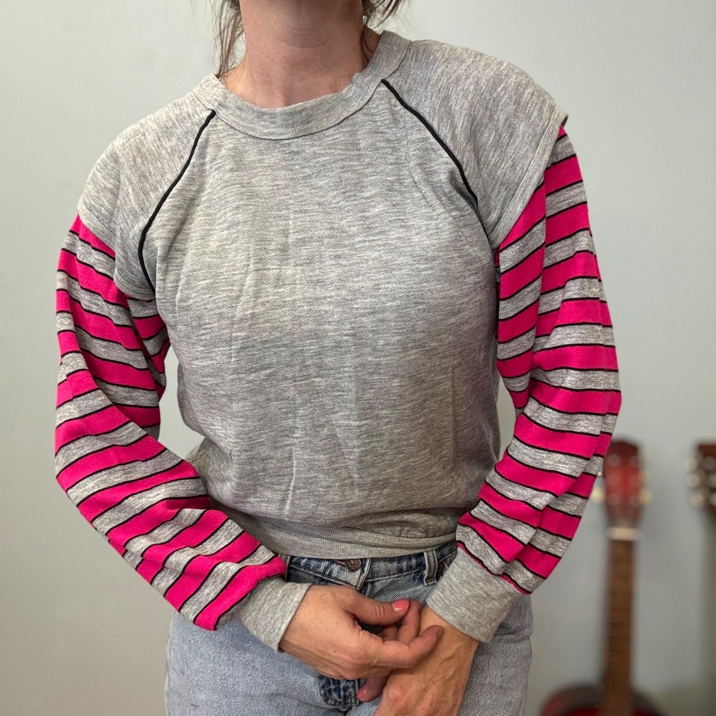 vtg 80s FLASHDANCE STYLE SWEATSHIrt // vintage hot pink & gray layered look sweater bright neon striped sleeves attached too gray vest top