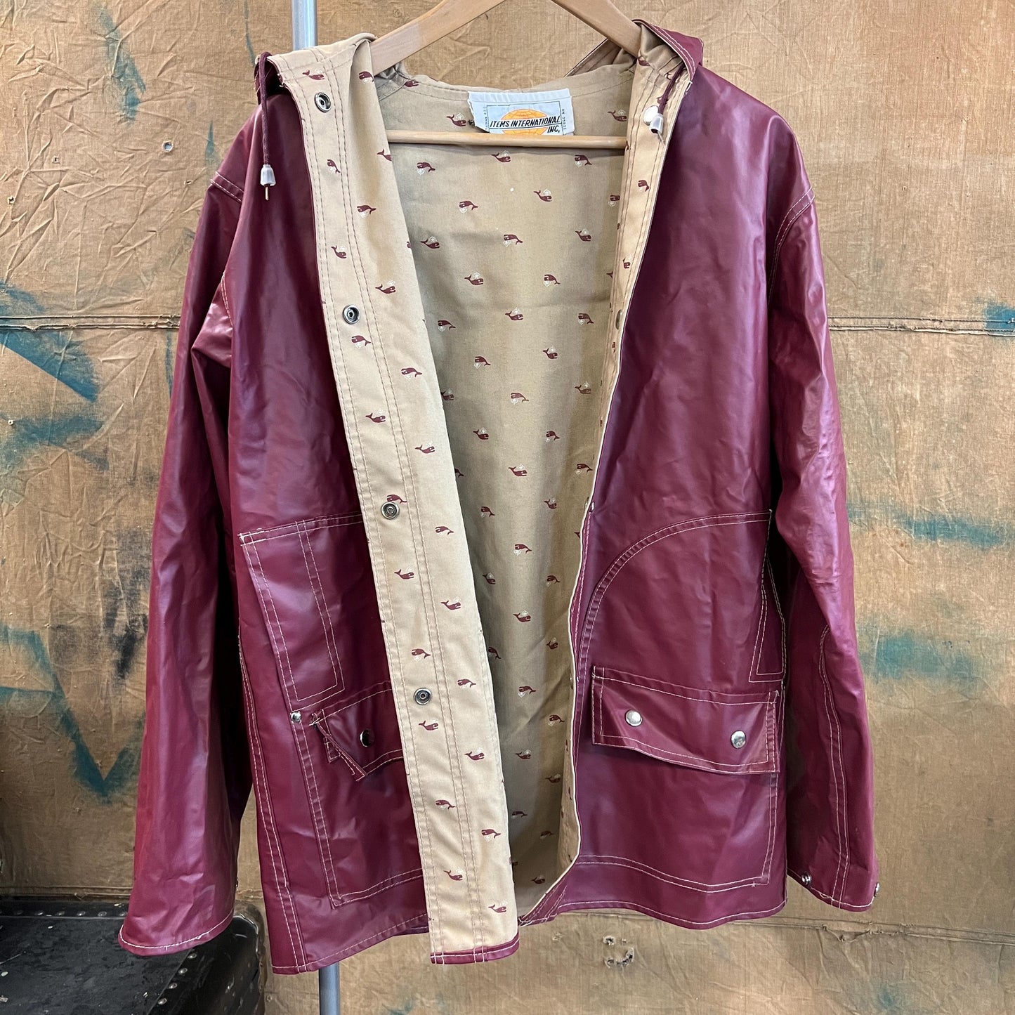 vtg 80s DUCK PATTERNED JACKET // vintage earth tones autumn stranger things 90s grunge pvc wet look shiny  waterproof earth tones 90s parka