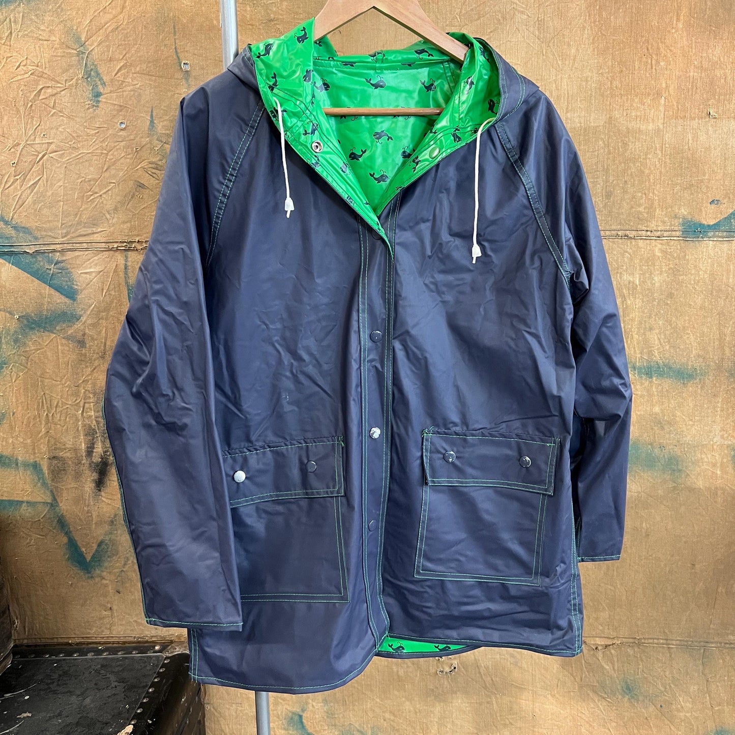 vtg 80s WHALE PATTERNED JACKET // vintage reversible hooded stranger things blue green cute pvc wet shiny lightweight waterproof parka