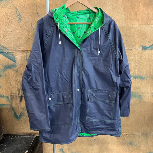 vtg 80s WHALE PATTERNED JACKET // vintage reversible hooded stranger things blue green cute pvc wet shiny lightweight waterproof parka