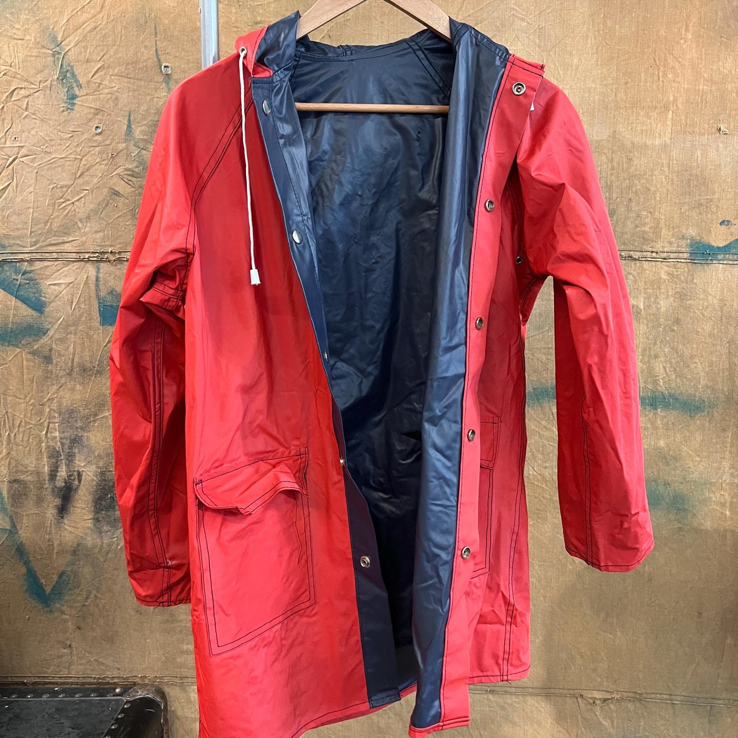vtg 80s LACOSTE RAIN JACKET // vintage reversible vinyl hooded autumn stranger things grunge pvc wet shiny red blue lightweight fall parka