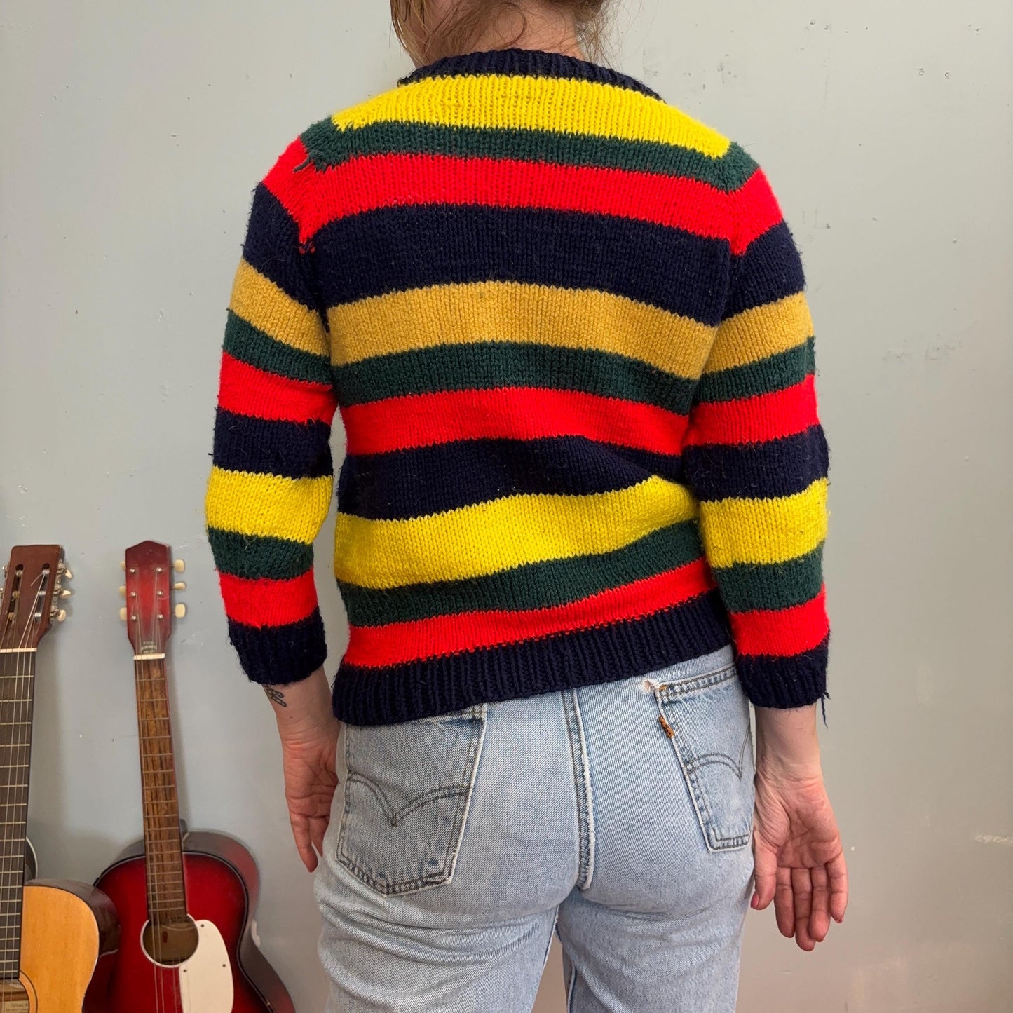 vtg 70s PRIMARY STRIPED SWEATER // vintage retro homemade chunky stripes bold contrasting acrylic cropped fitted cute school autumn style