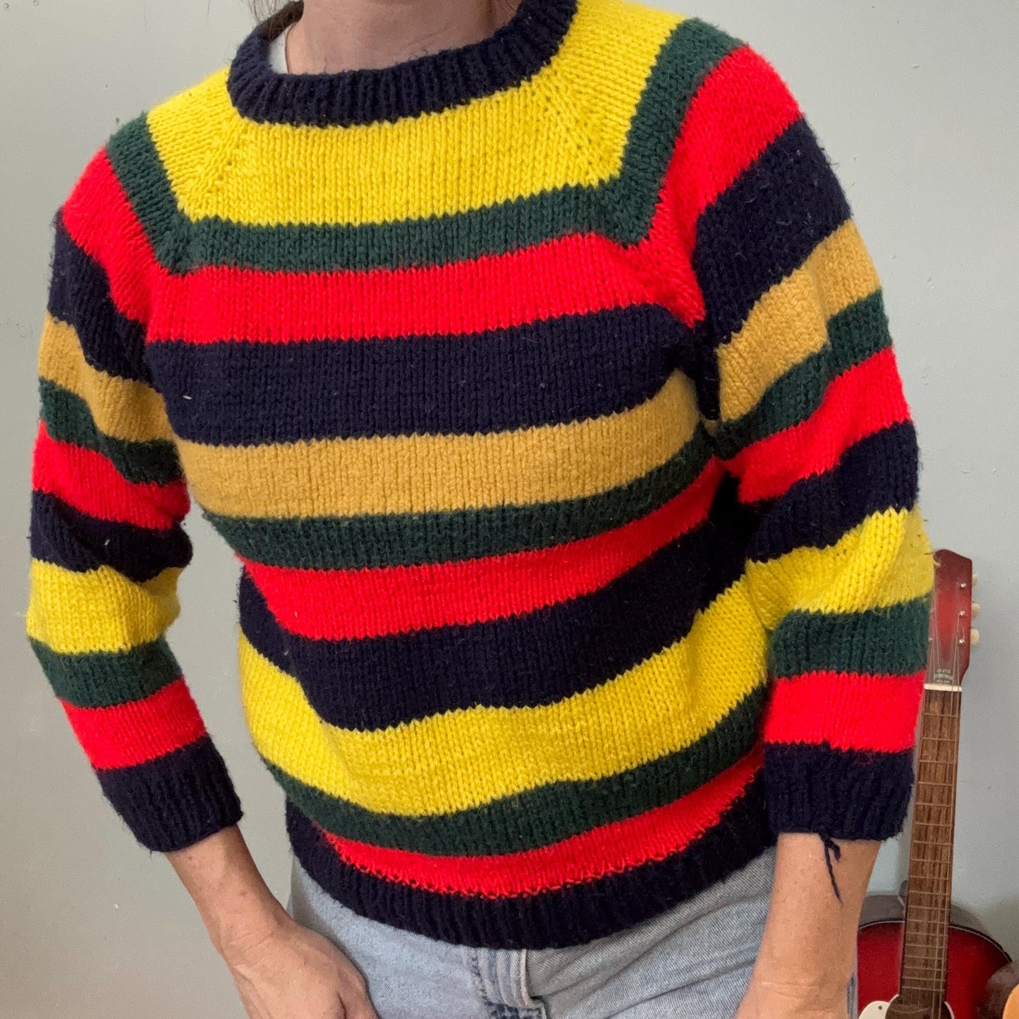 vtg 70s PRIMARY STRIPED SWEATER // vintage retro homemade chunky stripes bold contrasting acrylic cropped fitted cute school autumn style