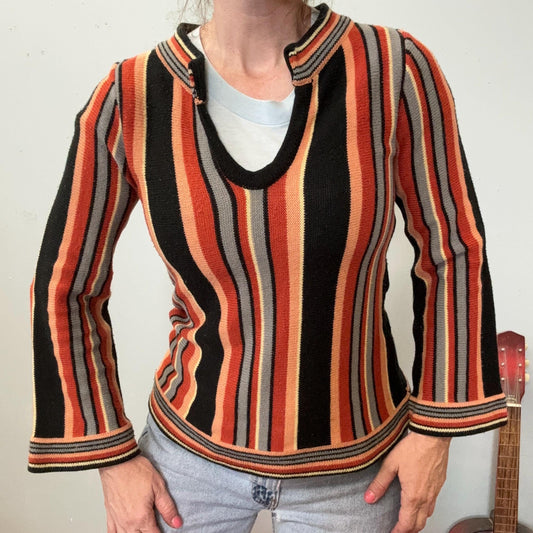 vtg 70s SCOOP NECK SWEATER // vintage retro flare sleeve striped scoop neck space dye hippie mod boho autumn colors orang black sweater top