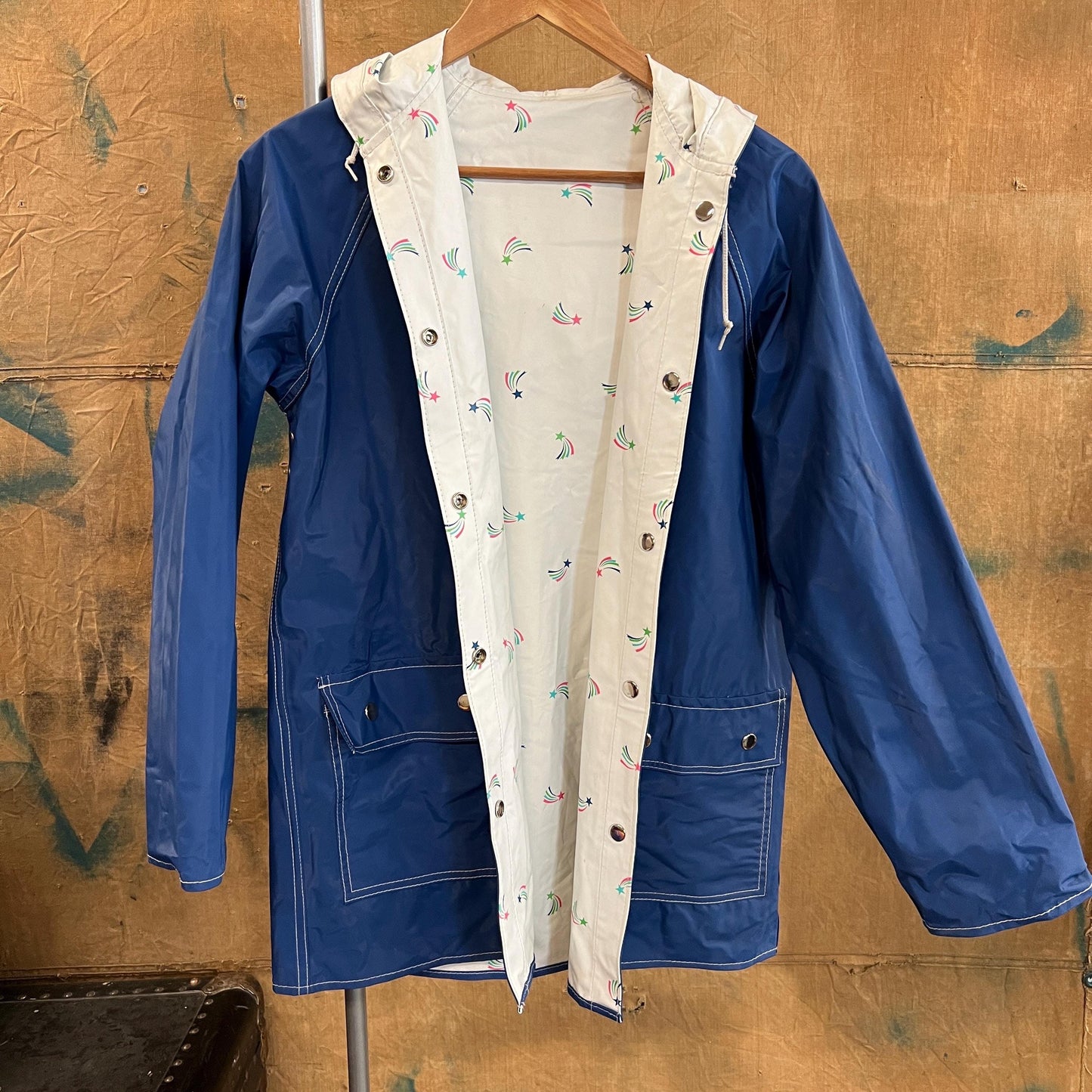 vtg 80s RAINBOW PATTERNED JACKET // vintage reversible hooded autumn stranger things cute grunge pvc wet look shiny lightweight care bear