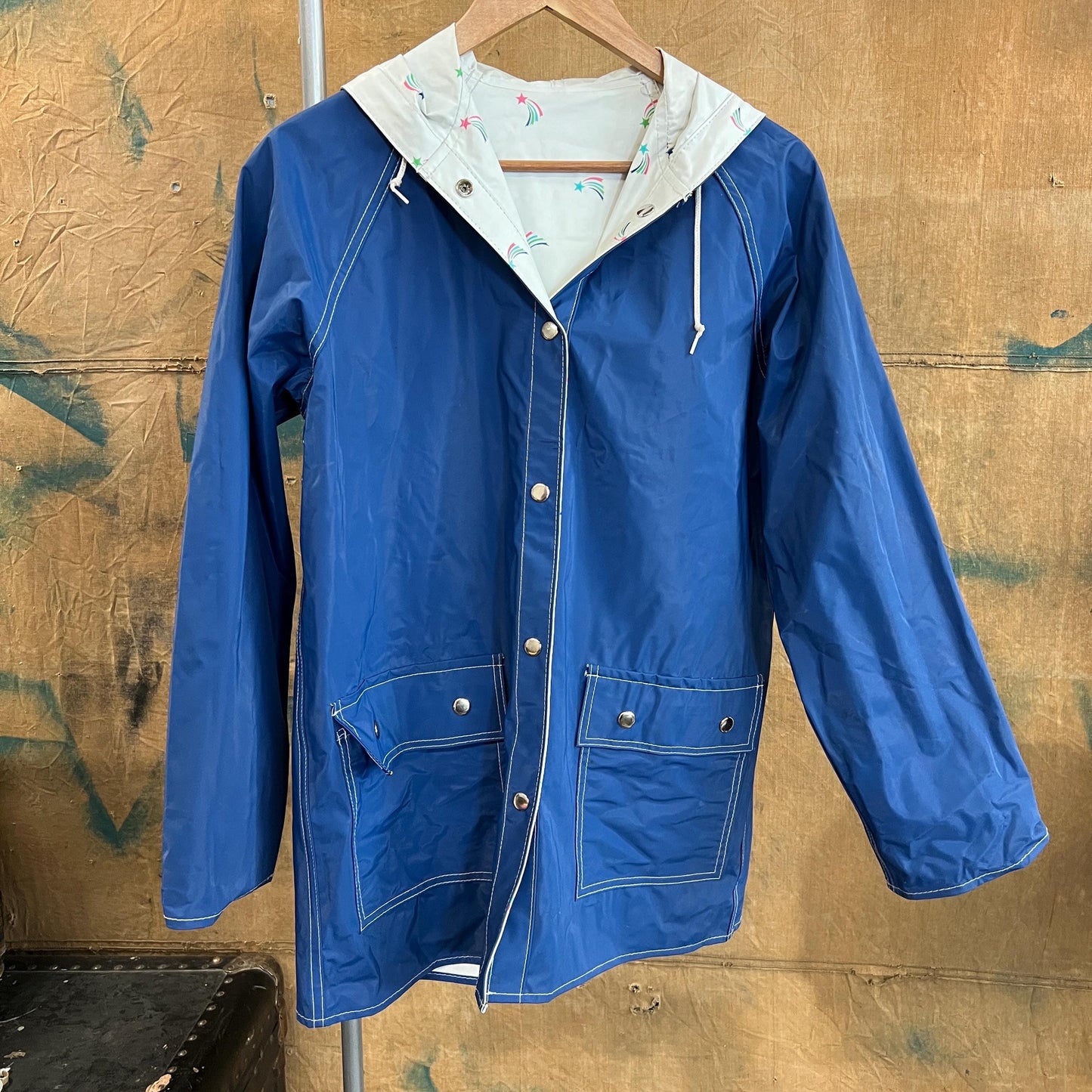 vtg 80s RAINBOW PATTERNED JACKET // vintage reversible hooded autumn stranger things cute grunge pvc wet look shiny lightweight care bear