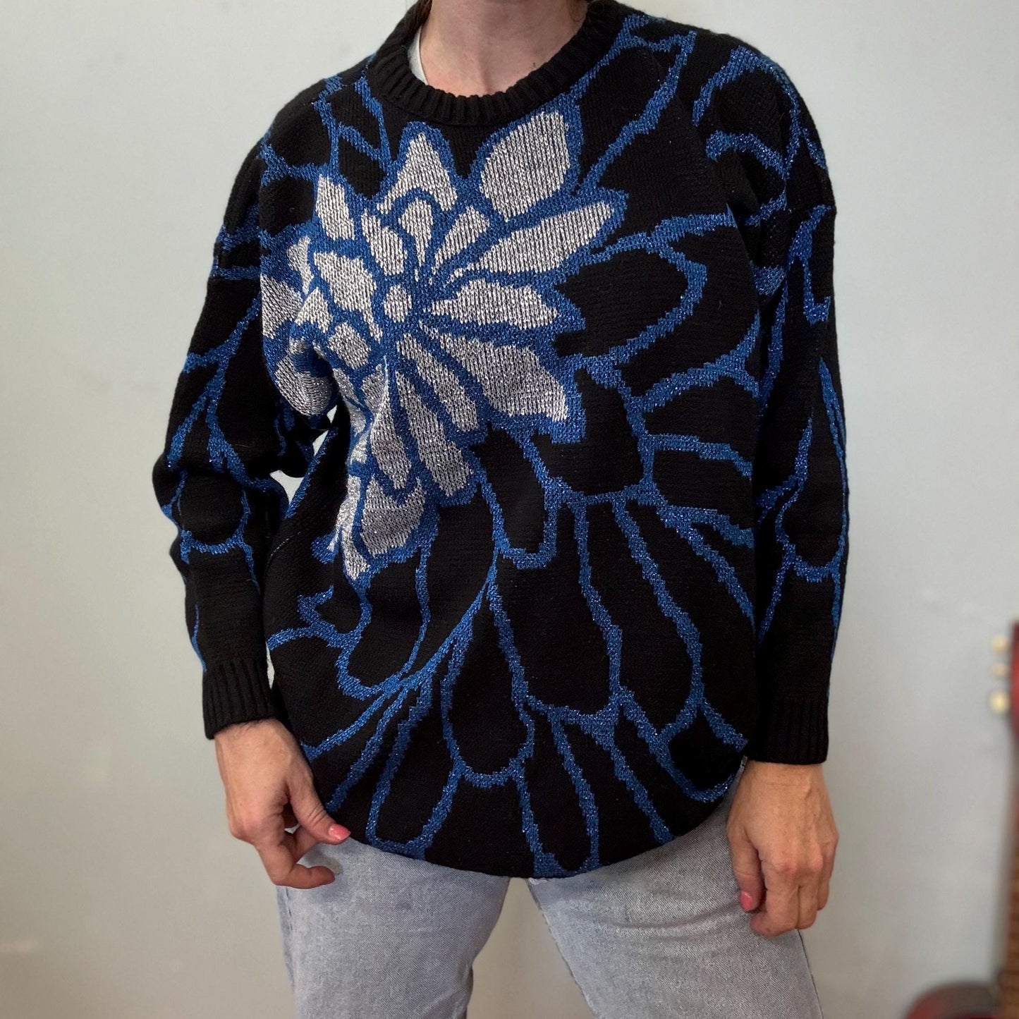 vtg 80s LUREX KNIT FLOWER Sweater // vintage abstract funky psychedelic slouchy floral patterned silver & blue baggy sparkly all over print