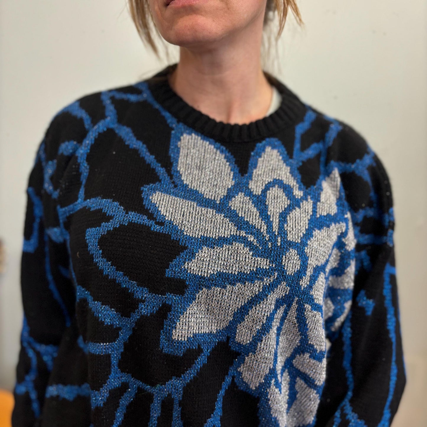 vtg 80s LUREX KNIT FLOWER Sweater // vintage abstract funky psychedelic slouchy floral patterned silver & blue baggy sparkly all over print