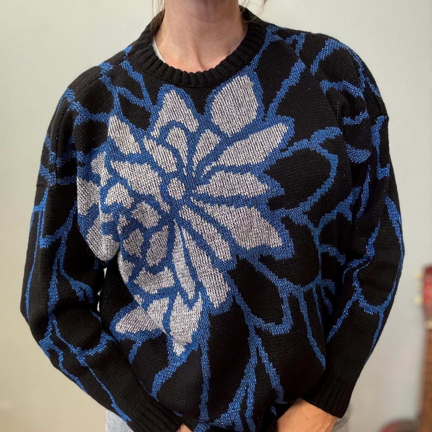 vtg 80s LUREX KNIT FLOWER Sweater // vintage abstract funky psychedelic slouchy floral patterned silver & blue baggy sparkly all over print